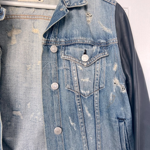 Rag & Bone Women's Tattered Jean Jacket with Black Lamb Leather Sleeves - Picture 5 of 6